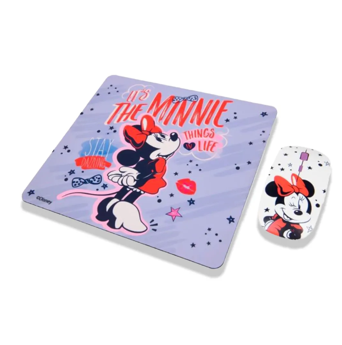 Kit Mouse Inalámbrico + Mouse Pad Minnie morado