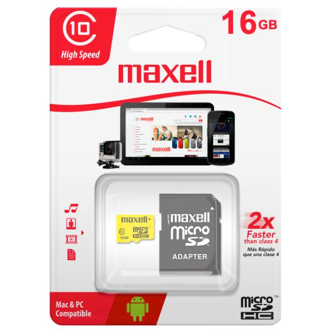 Tarjeta de memoria MicroSD 16GB Maxell + Adaptador 90MB/s