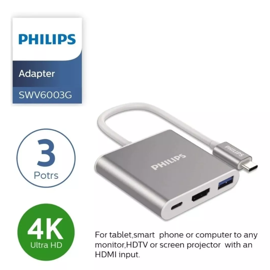 Adaptador Philips multifunción Usb-C a HDTV 4k  3en1