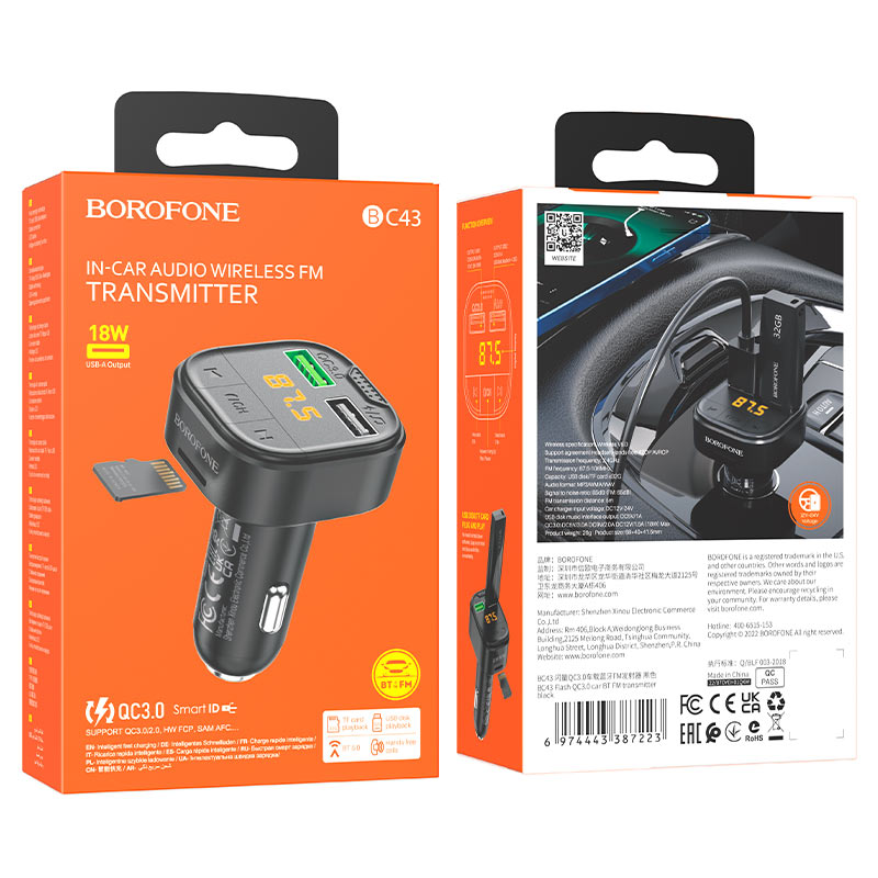 Cargador de auto y Transmisor Bluetooth Borofone BC43 PD3.0 18W