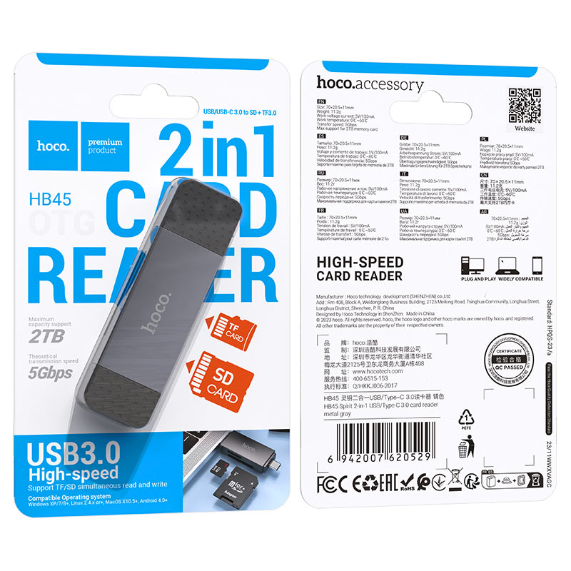 Lector de tarjeta micro SD y SSD Hoco HB45 2 en 1