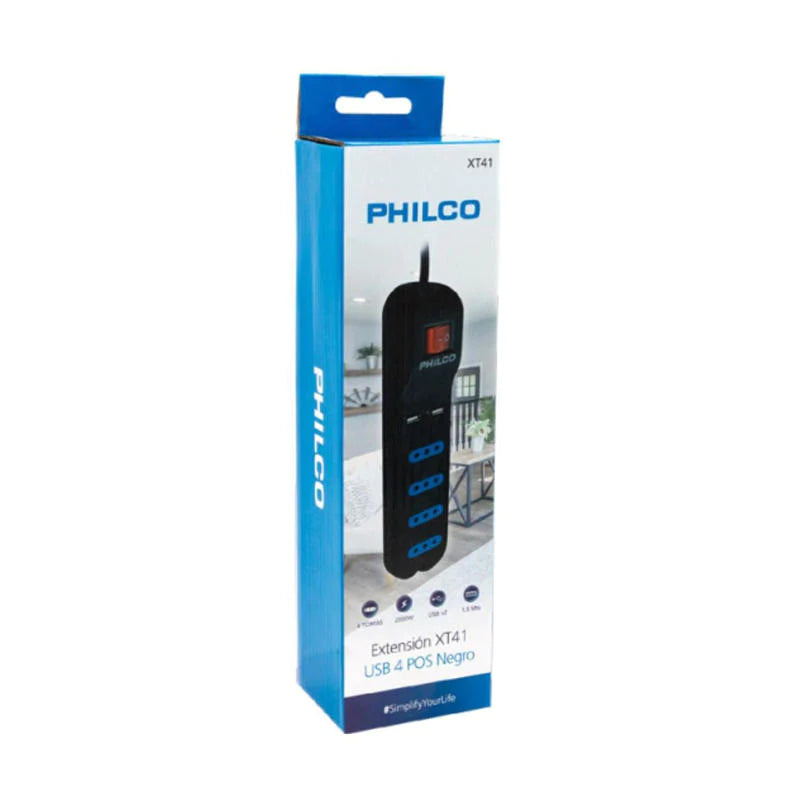 Alargador Extensión Philco XT41  4 posiciones + 2 Usb 1.5mts